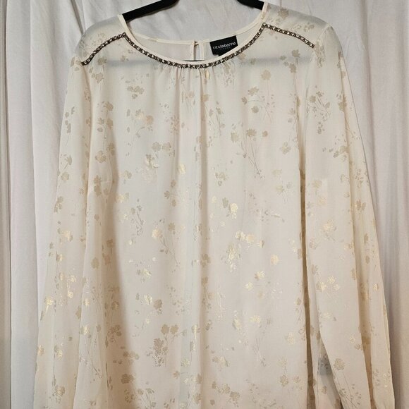 Liz Claiborne Ivory Textured Rhinestones Long Sleeve Blouse Womens Size Large XL - Picture 1 of 8